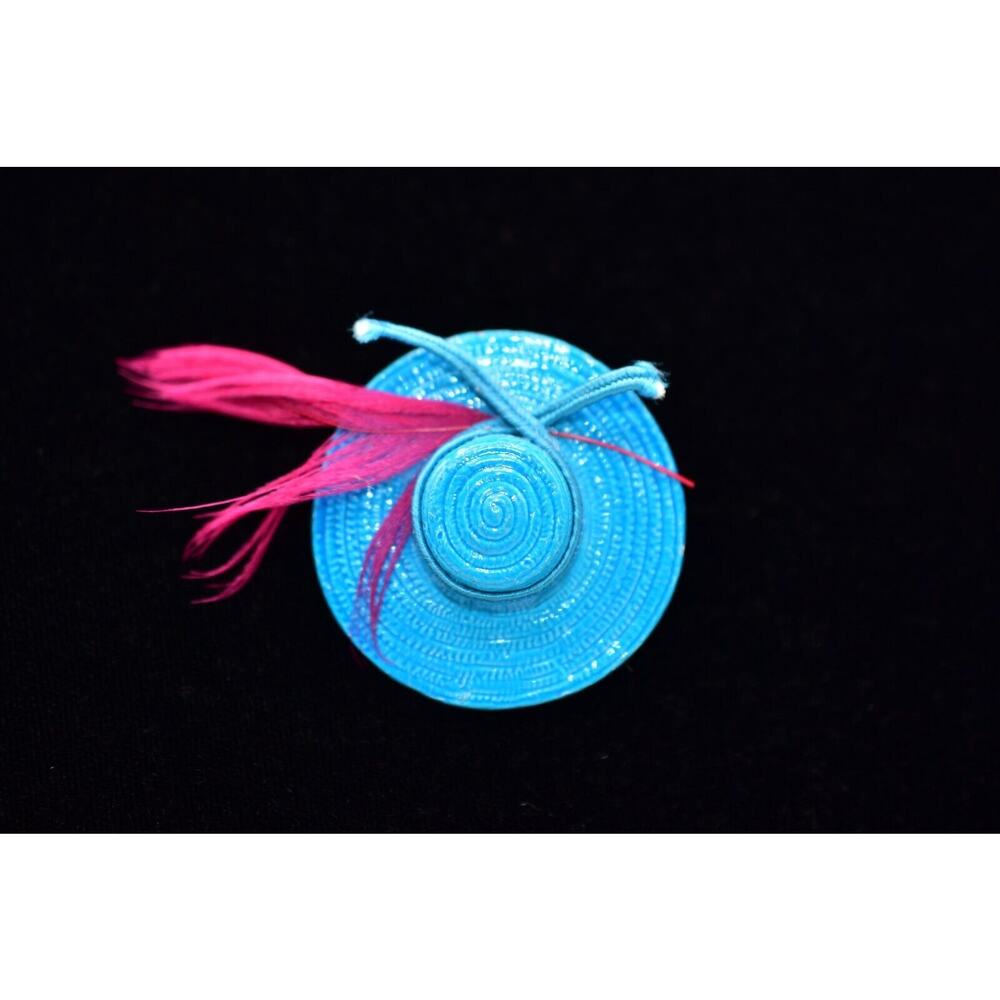 Vintage Sun Hat Pin Brooch Bright Blue Pink Feather Derby Beach Summer BinF